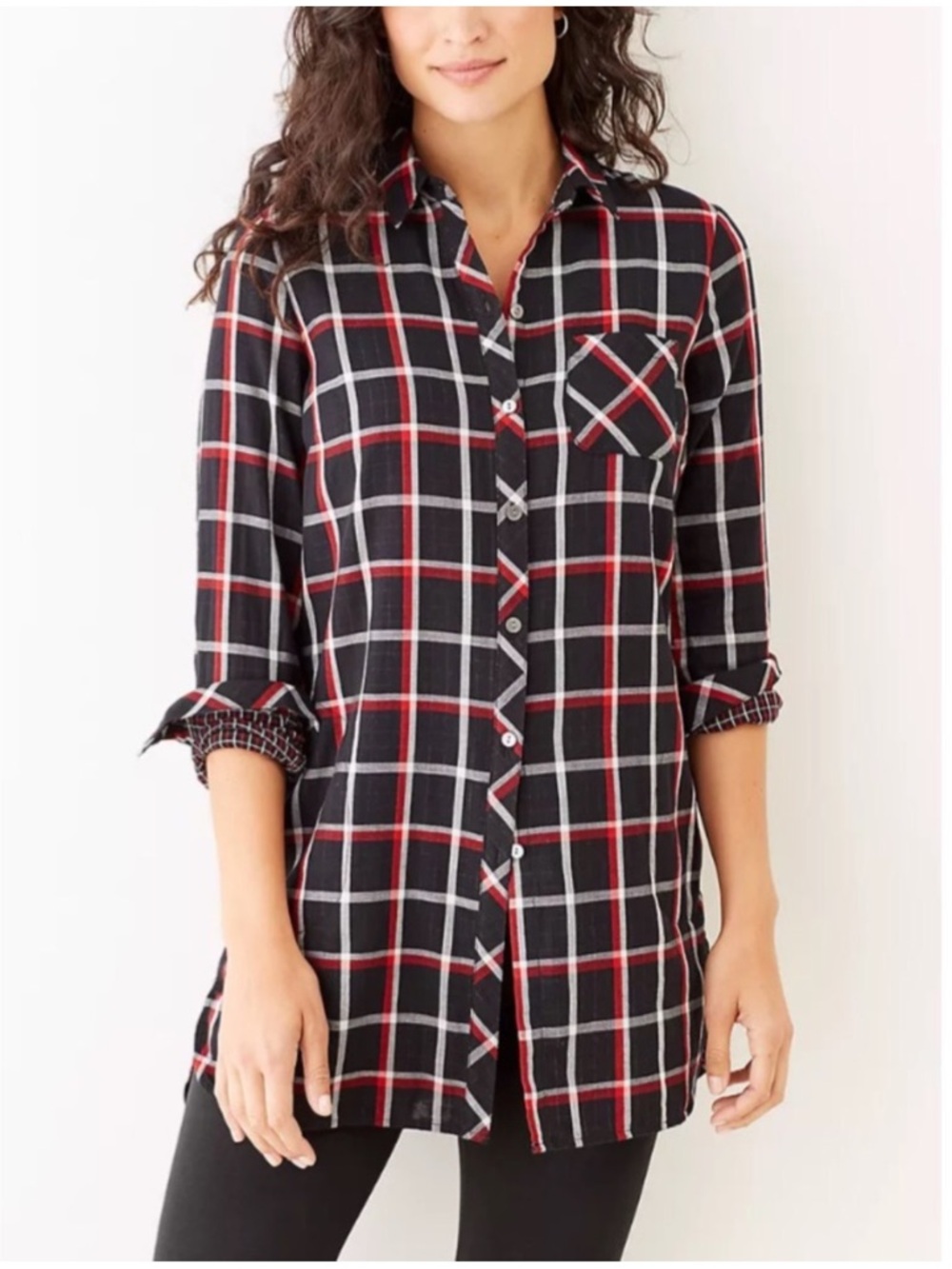 J Jill Perfect Plaid Double Cloth Tunic Top with Pockets Large Petite Black Red